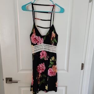 Derek Heart Black Mini Dress with Pink and Orange Floral Design